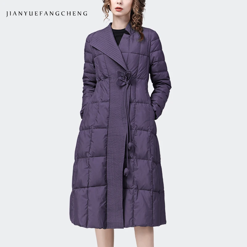 Women Winter Purple Long Down Jacket Over-knee Loose Casual Dresses Warm Lightweight White Duck Down Padding Trench Coat