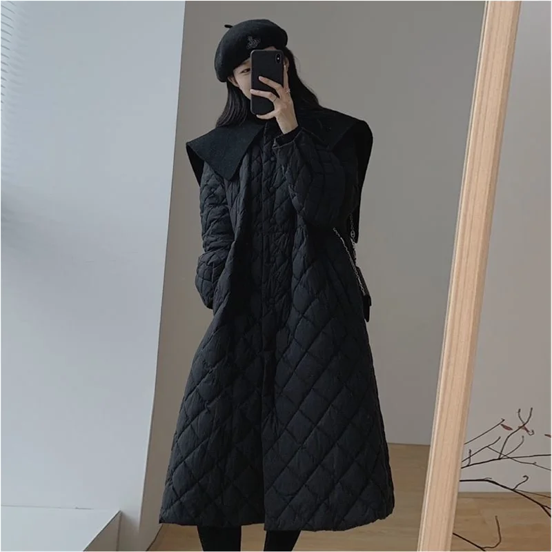 Women\'s Black Fashion Keep Warm Padded Clothes Minimalistic Medium and Long Down Jacket Recreational Versatile Outerwear Winter