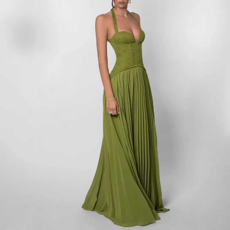 Sexy Low Cut Halter Maxi Dress Women Backless Pleated Patchwork Long Dresses 2026 Summer Lady Elegant Party A Line Vintage Dress - view 3