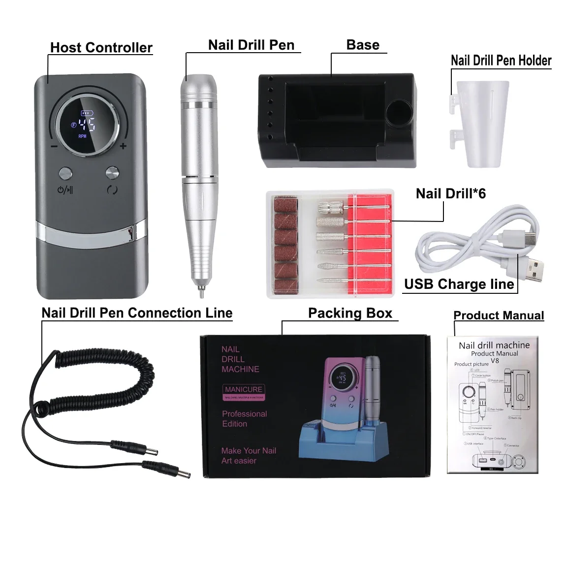 45000RPM Professional Rechargeable Nail Drill Machine - Low NoiseSuitable for All Gel Nails (Equipped with Nail Sander File)