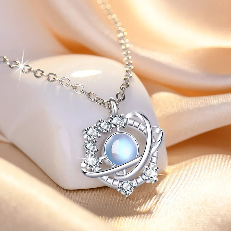Exquisite 925 Sterling Silver Moonlight Stone Planet Crystal Zircon Pendant Necklaces For Women Girls Wedding Party Jewelry Gift