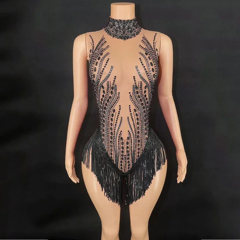 Body con flecos y diamantes de imitación para mujer, vestido Sexy de malla para fiesta de baile en barra, traje de Bar Ds Dj Gogo, ropa para discoteca, 8 colores