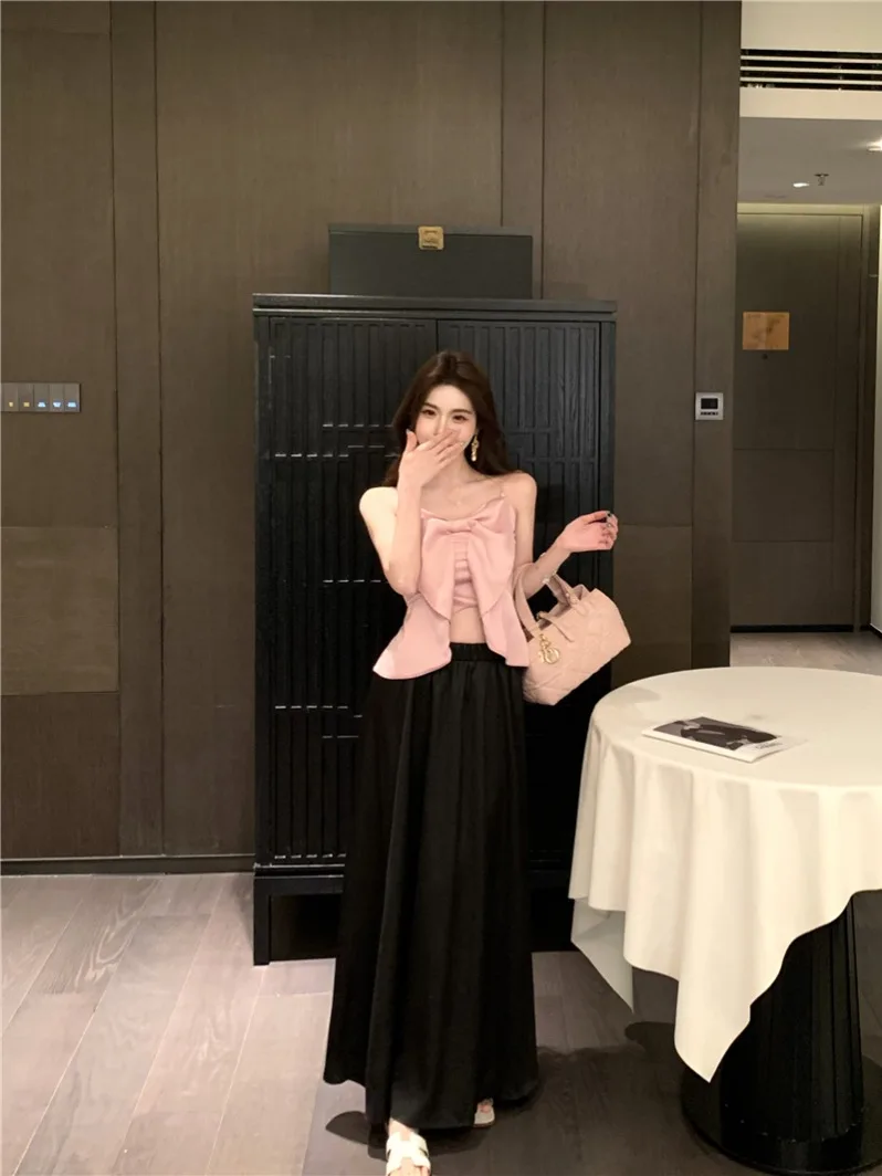 

Pink Satin Halter Neck Vest Women's Spring Design Sleeveless Short Style Inner Wear Knot Casual Commute Fashion