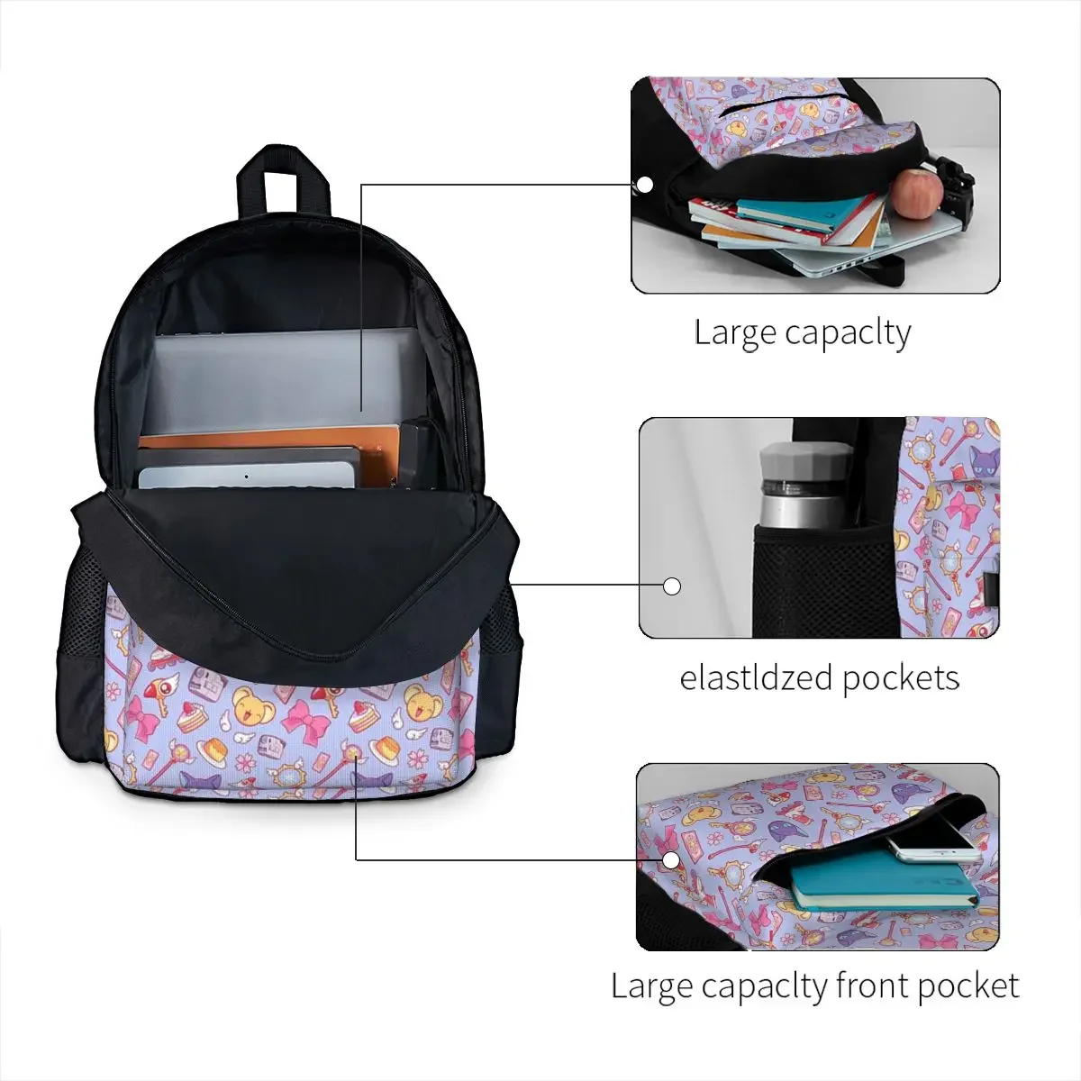 Sakura cartão captor-violeta mochilas para meninos e meninas, mochila escolar com design dos desenhos animados, bolsa de ombro de viagem