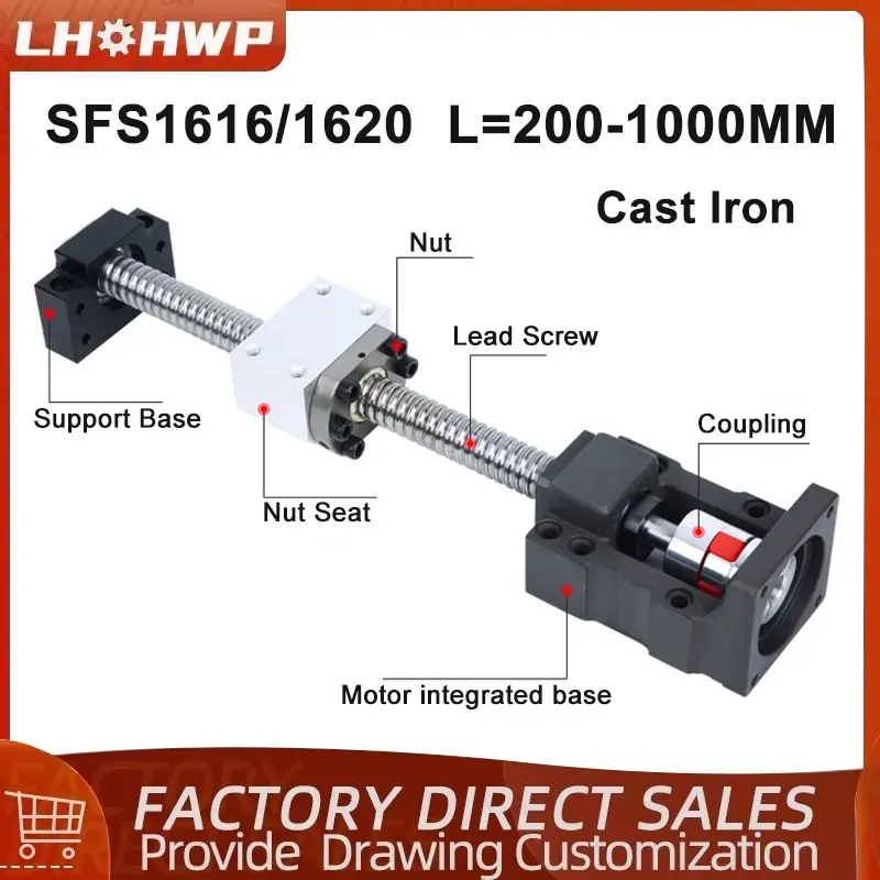 Ballscrew SFS1616/1620 200-1000mm Ball Screw End Machined With BF12+DSG16H+Coupling+HM12-57/60 Cast Iron Mount For Cnc Parts