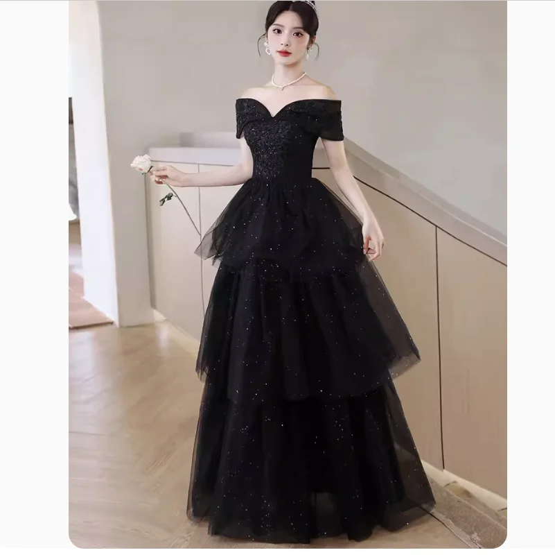 

Black One Shoulder Evening Dress for Female Art Exam Banquet Host Adult Gift Puff Dress