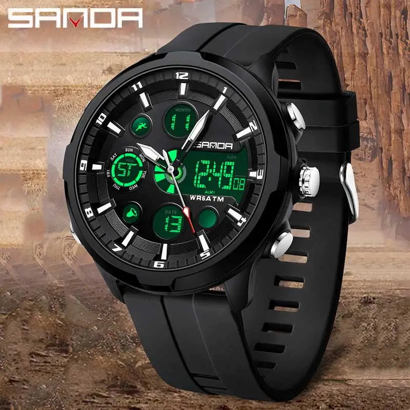 SANDA Top Brand Men Multifunctional Quartz Watch LED Digital 50M Waterproof Military Dual Display Watches Timing Alarm Clock