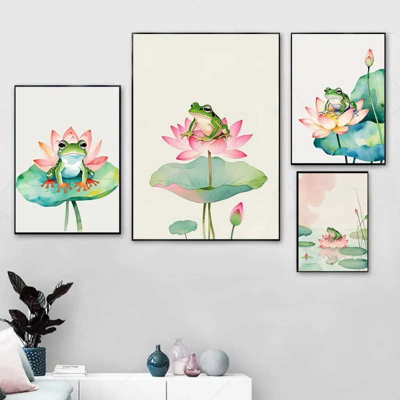 Lucky Frog and Lotus Flower Wall Art Japandi Cartoon Print Minimalist Zen Meditation Decor Bedroom Watercolor Style Home Decor