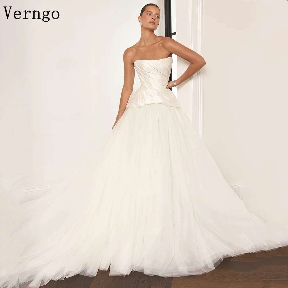 

Verngo lvory Tulle Wedding Dress Strapless A Line Bridal Gowns Simple Sleeveless Sweap Train Bride Dresses Customized