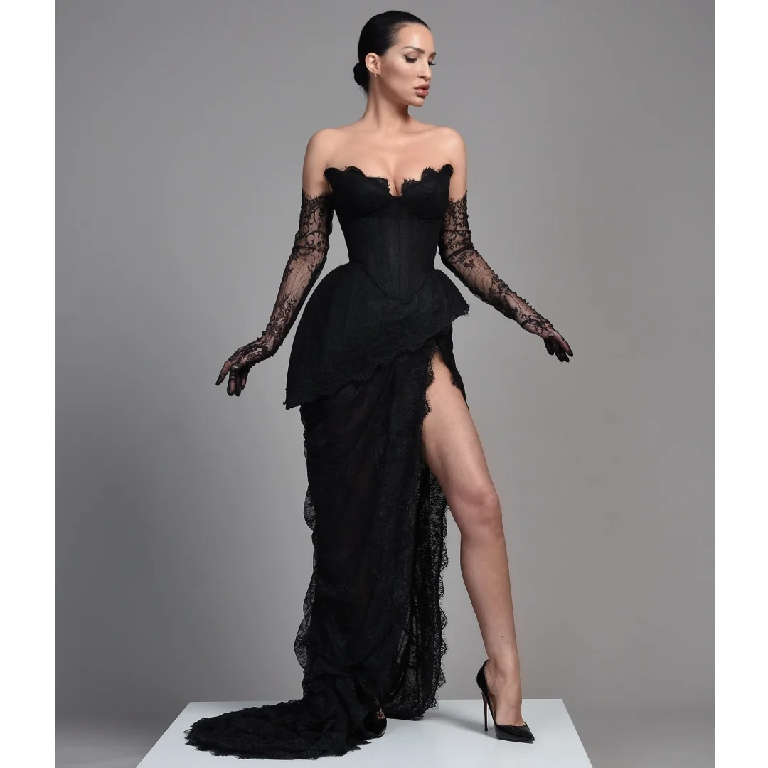 

Black Lace Evening Dresses Woman High Slit Sexy Prom Dress with Gloves Exquisite Wedding Party Gown Customized