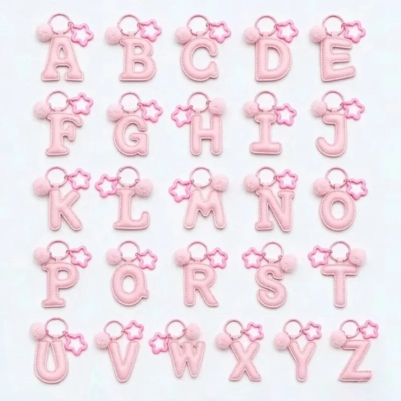 Pink PU Leather Keychain 26 Initial A To Z Letter Key Chain Cartoon Candy Color Key Ring Pendant Women Bag Car Keyring Gift