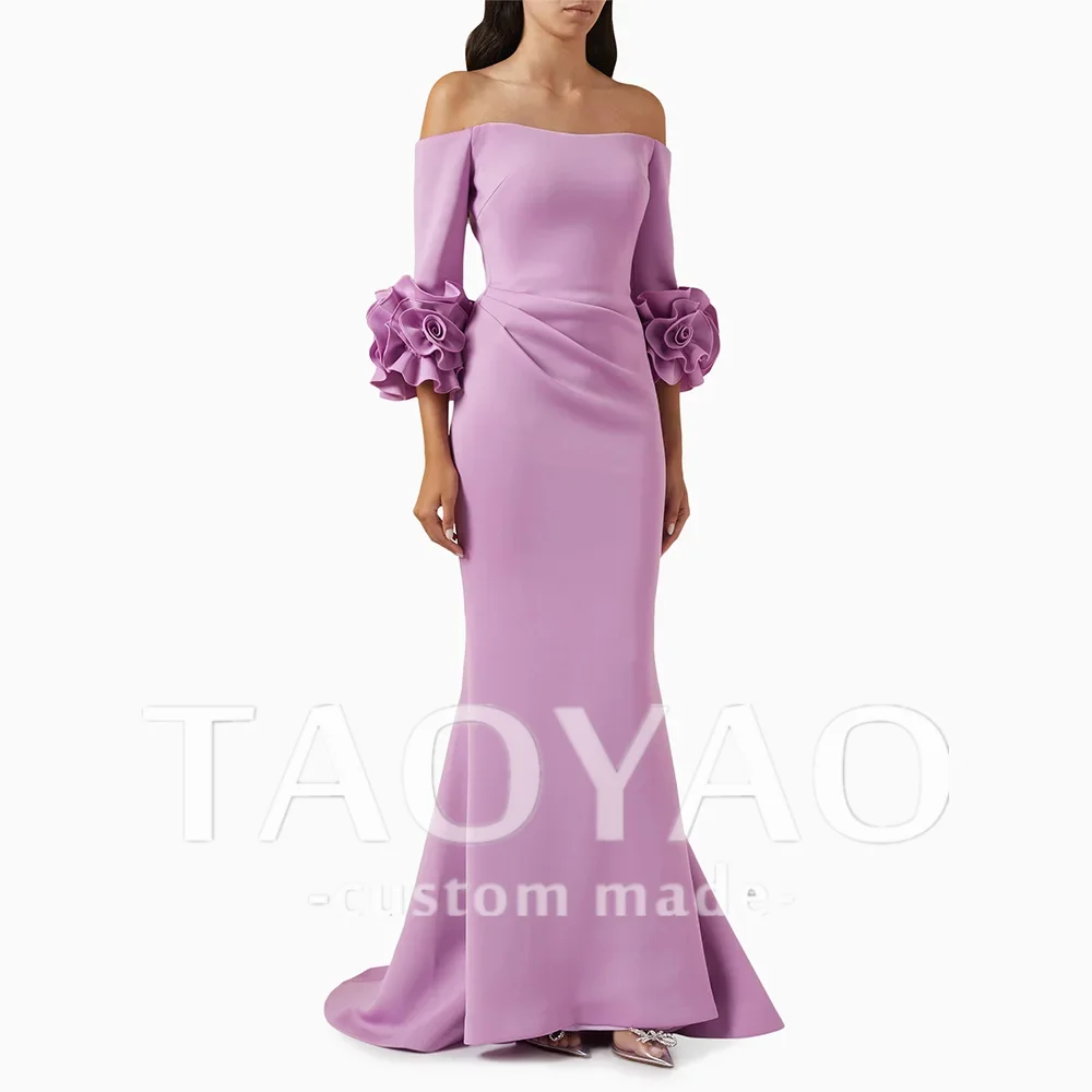 

Purple Mermaid Arabic Evening Dress Prom Gown Customized Boat Neck 3/4 Flower Sleeves 2025 Sweep Train Arabian Party Dresses