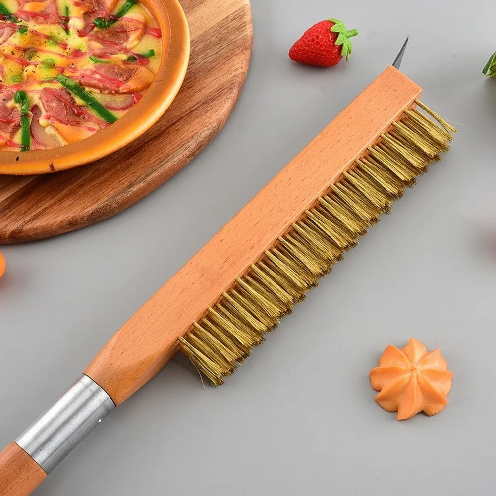 Wooden Handle Pizza Oven Brush 50cm Long Stainless Steel Bristles for Deep Cleaning Pizza Stones and Grill Grates