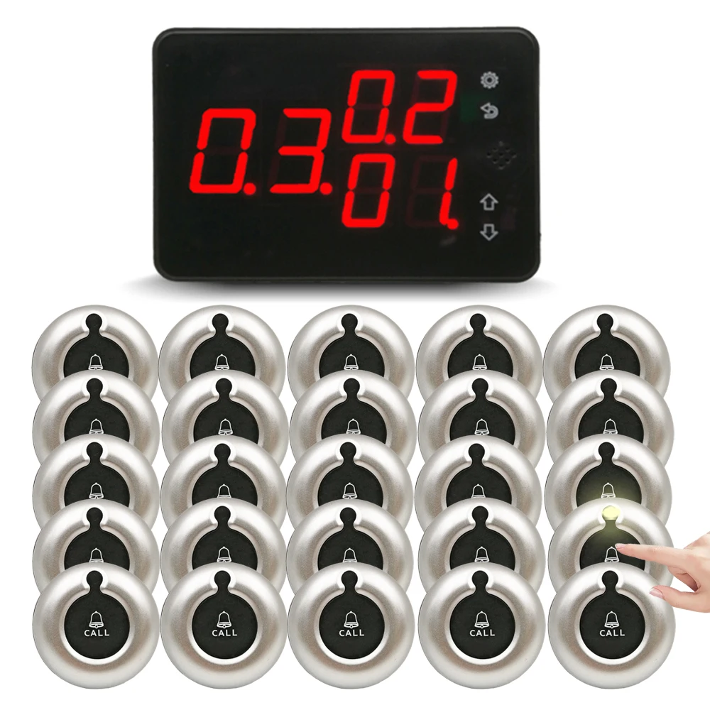 Wireless Call Bell Number System Restaurant Waiter Pager Machine SET 1 Receiver Monitor with 25 Vibration Bell Button Service