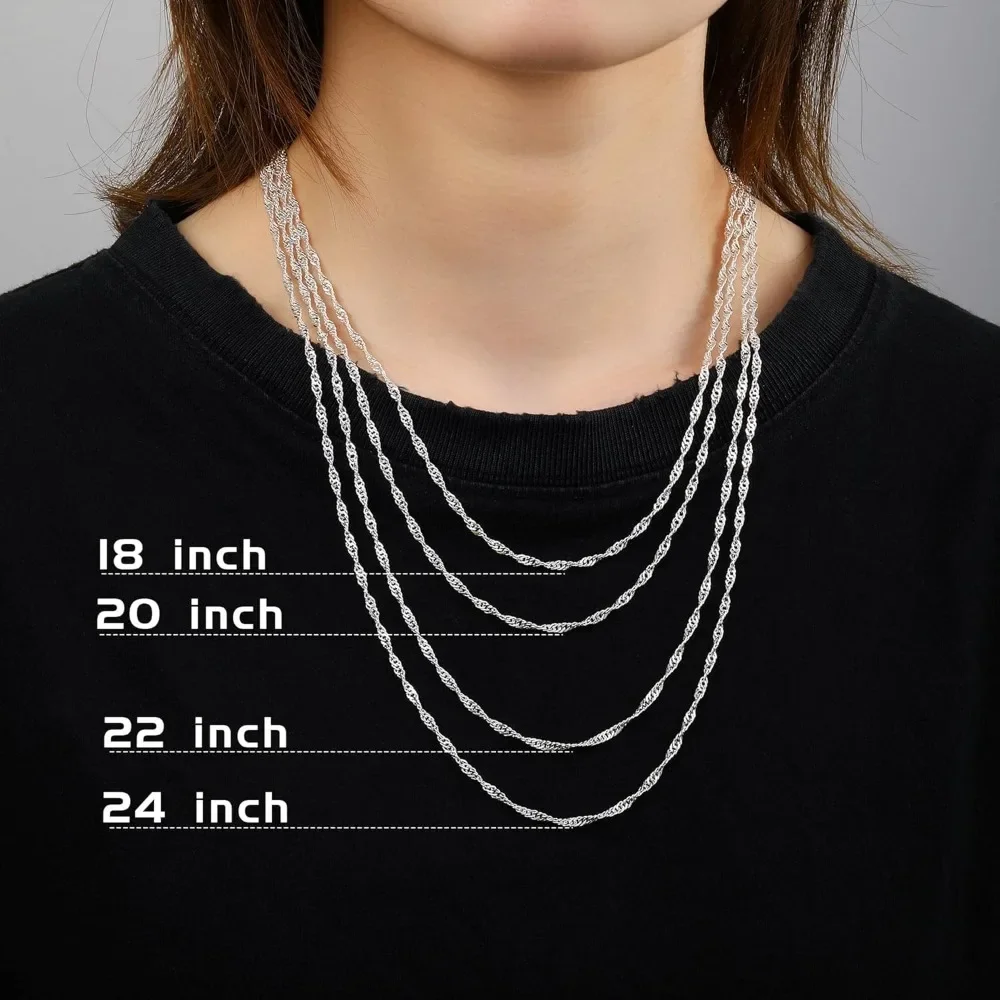1pc 925  Silver Clasp 2/2.5mm for Women Girls Water Wave Chain Silver Necklace 16/18/20/22/24/26/28/30 Inch