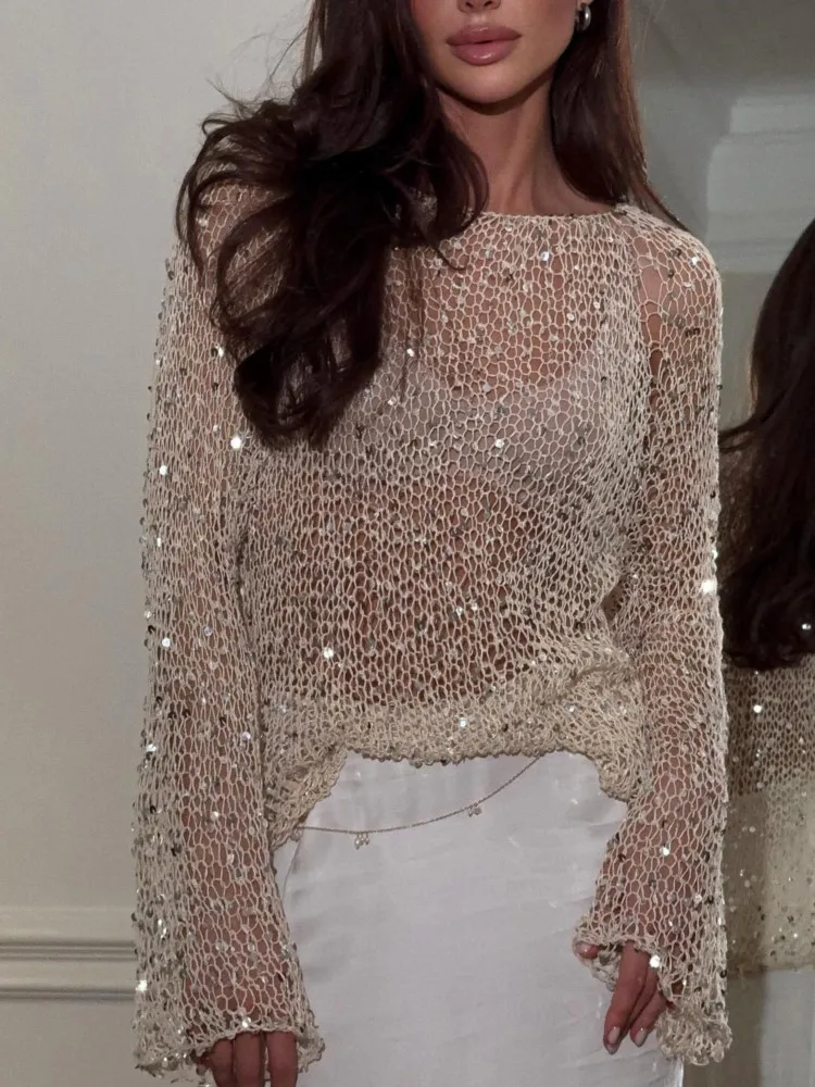 

Women's Shinny Chic Sequins Hollow Out Tops Knit Loose O-neck Long Sleeve Female T-shirts 2025 Spring Summer Lady Party Club Top