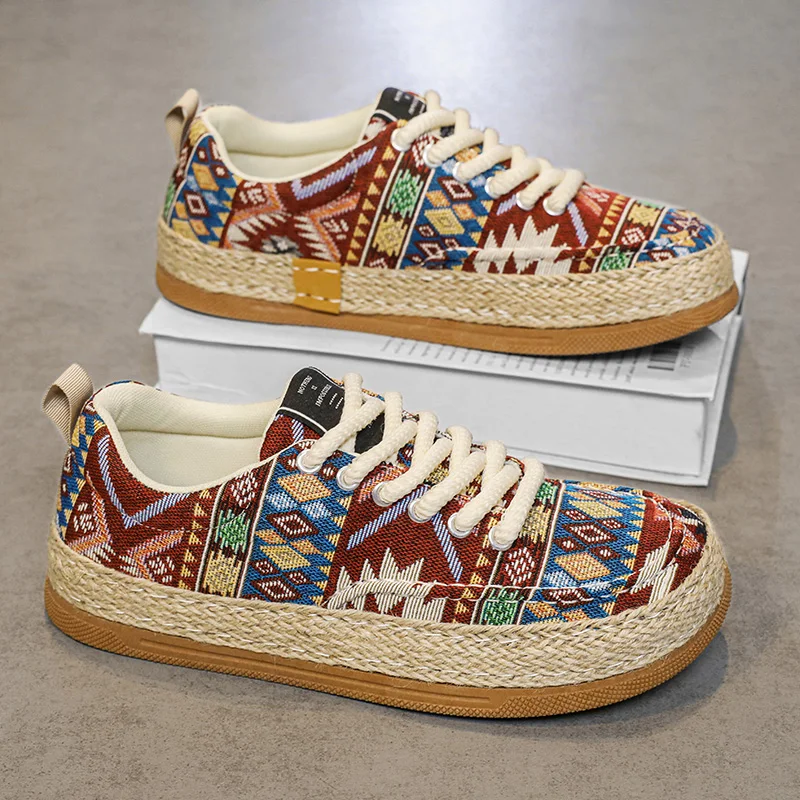 Wide Toe Ethnic Style Embroidered Casual Shoe For Men Chinese Style Linen Spring Sneaker Straw Plaited Article Flats Lace-up