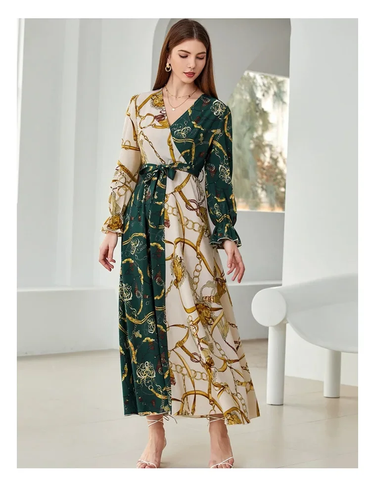 Women Eid Muslim Dresses abaya Long Sleeve V Neck Party Dress elegant Print Vestidos High Street Belt Abayas Dubai maxi robe