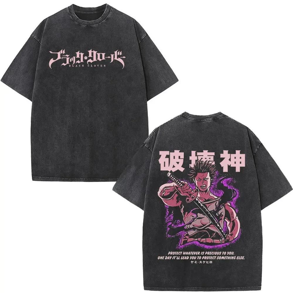 Camisetas Vintage lavadas con estampado gráfico de Yami Sukehiro, periféricos de trébol negro, ropa de calle Harajuku, camisetas informales de gran tamaño de Hip Hop