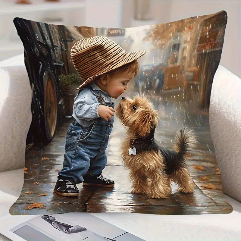 Cute Boy and Puppy Pillow Case, Rainy Street Oil Painting Cushion Cover for Sofa Bedroom, Warm Pet Home Decor Throw Pillowcase