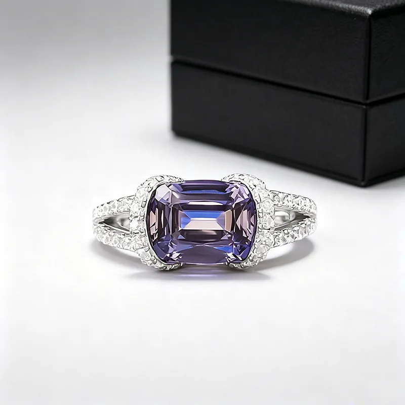 S925 Sterling Silver Ring 7*9mm Cushion Cut Lab‑Created Gemstone Halo Zircon Leaf Carved Split Shank Band Fine Jewelry WomenRing