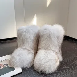 Women's Winter Snow Boots Outdoor Luxury Furry Real Fox Fur Boots Woman Fox Fur Warm Platform Shoes New Fashion Bottes