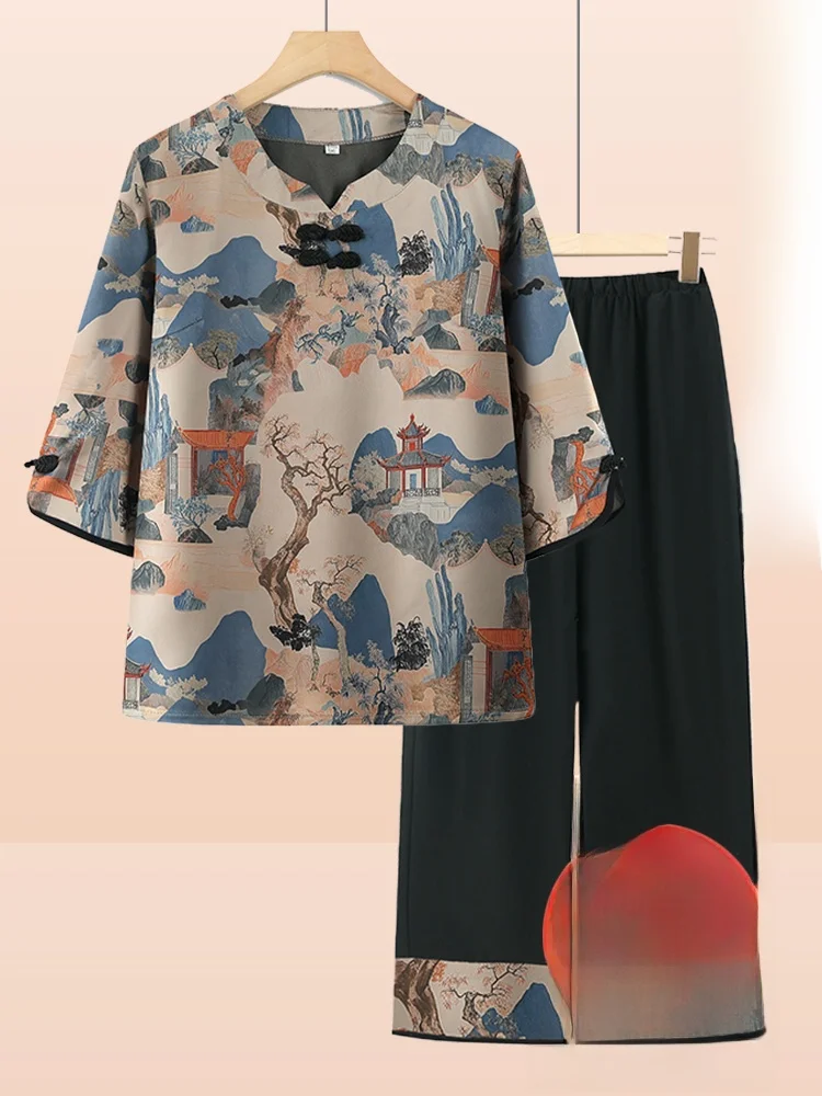 

New Summer Print Two-Piece Set for Middle-Aged And ly Women Sve-Length Faionable Loose Fit round Ne Thin Material