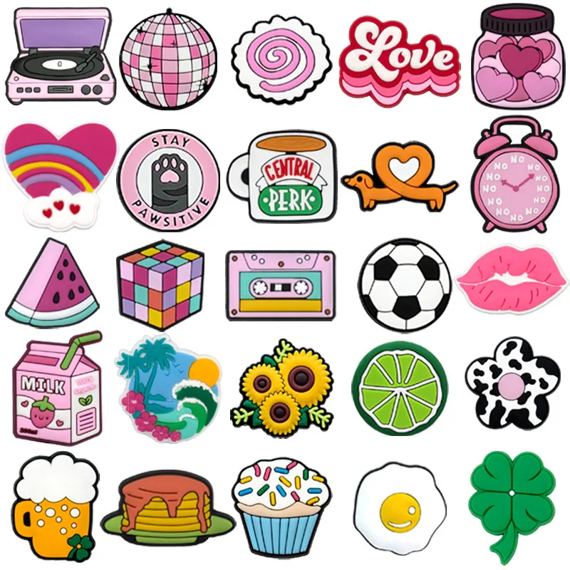 1/25pcs Y2K Pink Aesthetic Shoe Charms Vinyl Record Sunflower Football Lips Decor Pins for Clogs Sandals DIY Party Favors