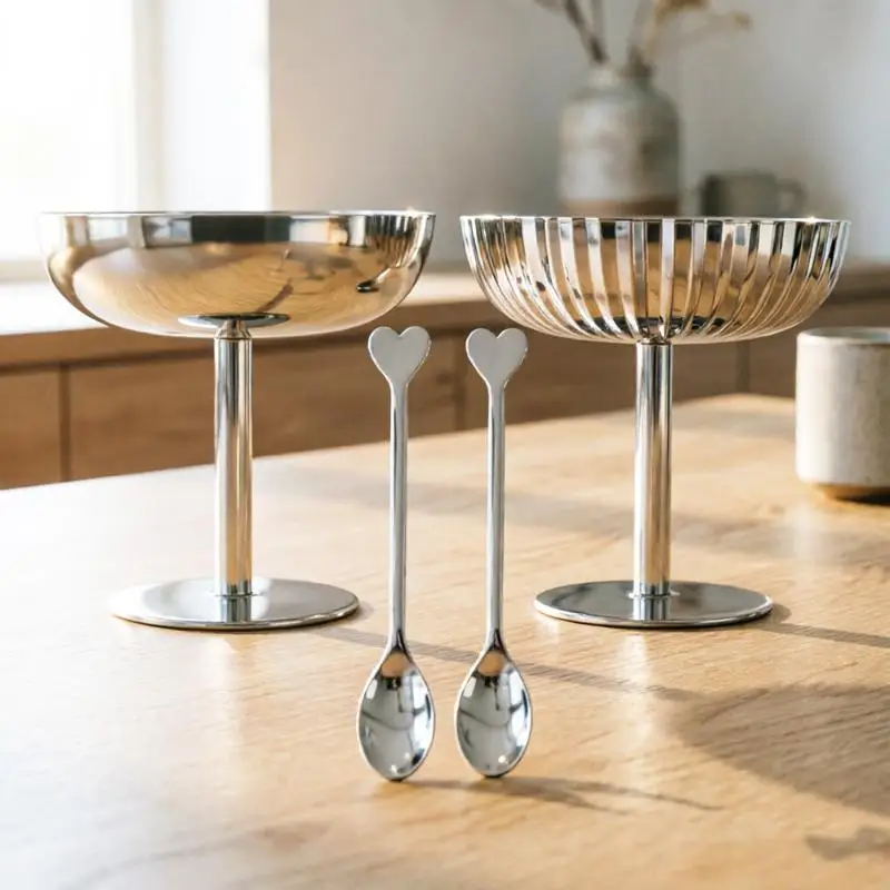 304 Stainless Steel Dessert Ice Cream Cup Salad Goblet Retro High Base Bowl For Fruit Yogurt Snack Dinnerware