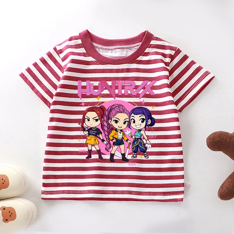 

KPop Demon Hunterss T-shirt Girl Baby Cartoon Anime Figure Short Sleeve Children Kawaii Striped Tee Summer Home Clothing Top Hot