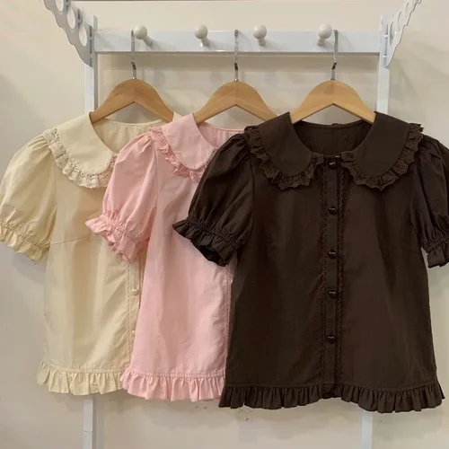Camisas japonesas Kawaii Lolita para Mujer, Blusas ajustadas de manga corta abombada con volantes, Top bonito de retazos de encaje Y2K para Mujer
