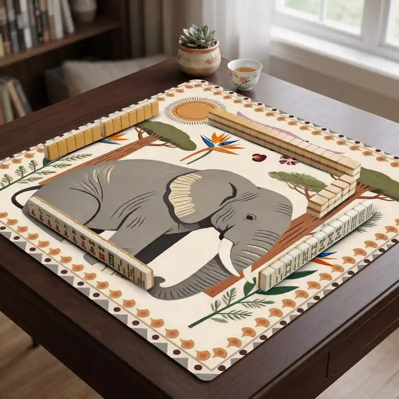 VIKAMA Boho African Elephant Mahjong Table Mat Non Slip Noise Reduction Soft Square Pad Washable For Casual Home Mahjong Game