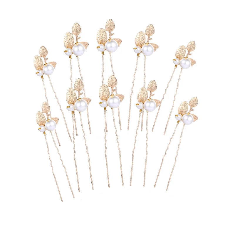 10Pcs European New Pearl Leaf Hairpin Hair Accessories Baroque Bride Headwear Hair Needles Gold Hairpin Forks