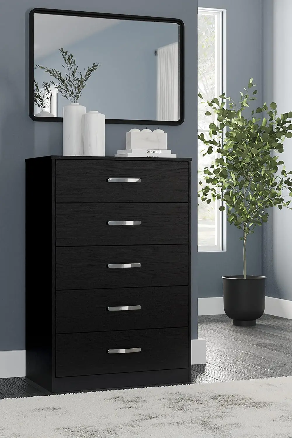 Finch Modern 5 Drawer Chest of Drawers with Ball-bearing Construction and Safety Stop, Black