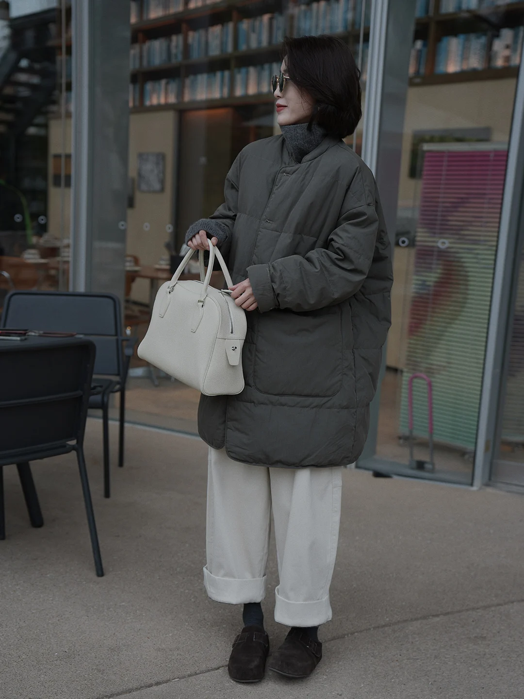 

Retro Du down Jaet with Large kets round Ne Loose Casual Warm Outerwear Mid-Length Korean Sle Women's Coat