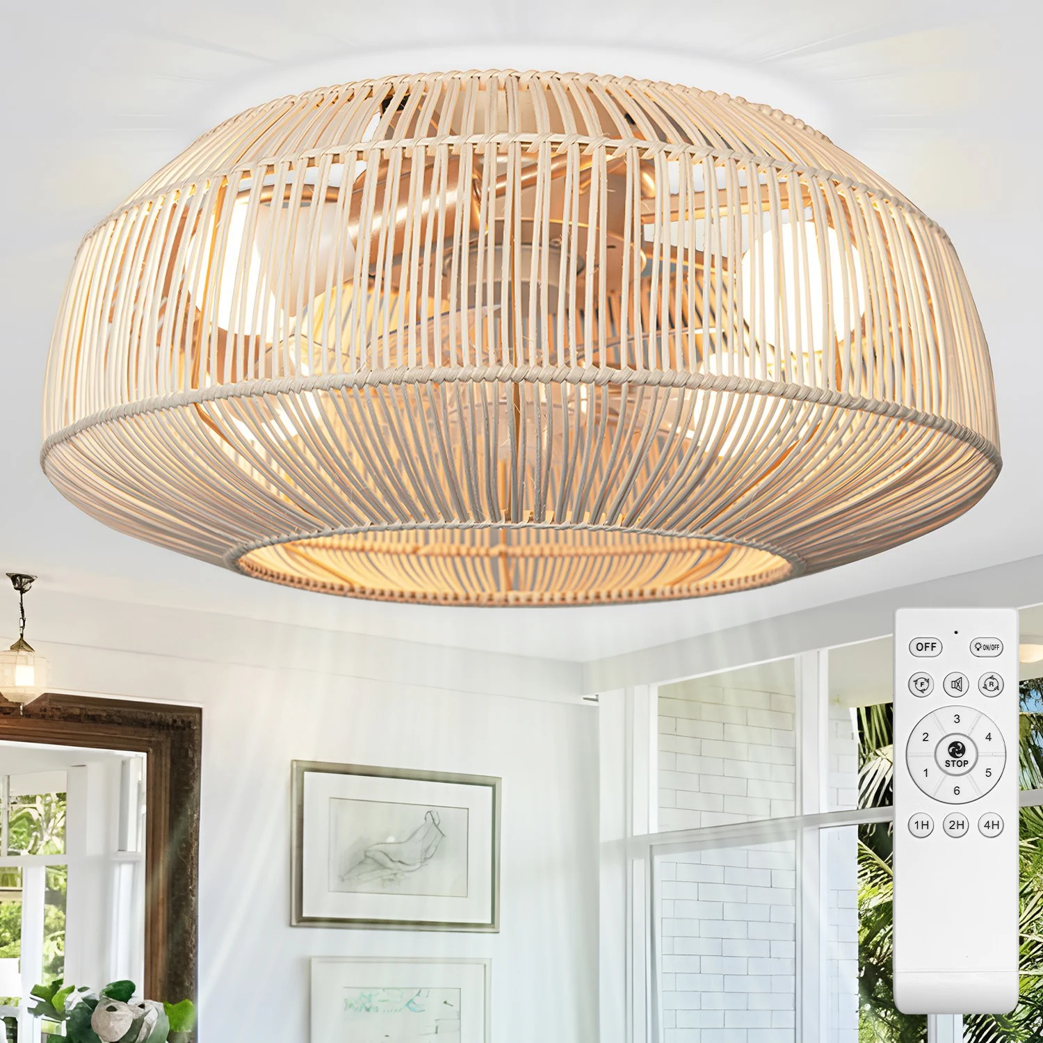 

Boho Fandelier, 20" Rattan Caged Ceiling Fan with Lights & Remote Control Kit, Flush Mount Fan Chandelier, Bladeless