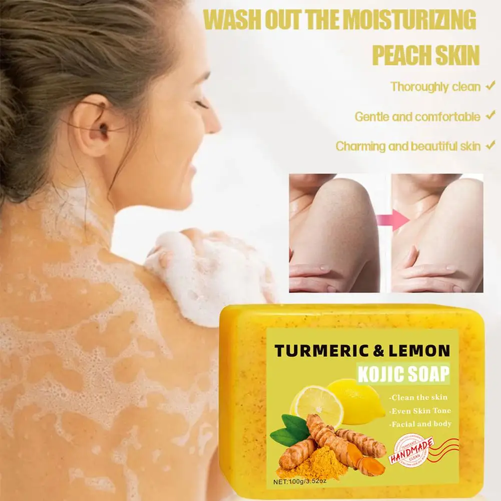 1/2 قطعة من صابون حمض الكركم والليمون، قالب صابون الكركم يضيء حتى البشرة فيتامين E، صابون الليمون اللطيف للوجه، غسول الجسم