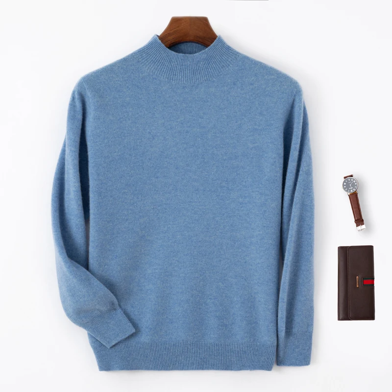 Autumn And Winter New 100% Wool Men's Semi-Turtle Sweater Neck Loose Pullover Knitted Bottoming Shirt Top
