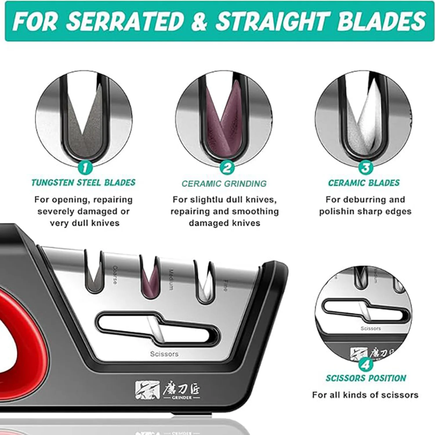 4 in 1 주방 샤프너는 톱니 모양의 칼날 칼과 가위, 다이아몬드 텅스텐 강철 세라믹을 ... - 2