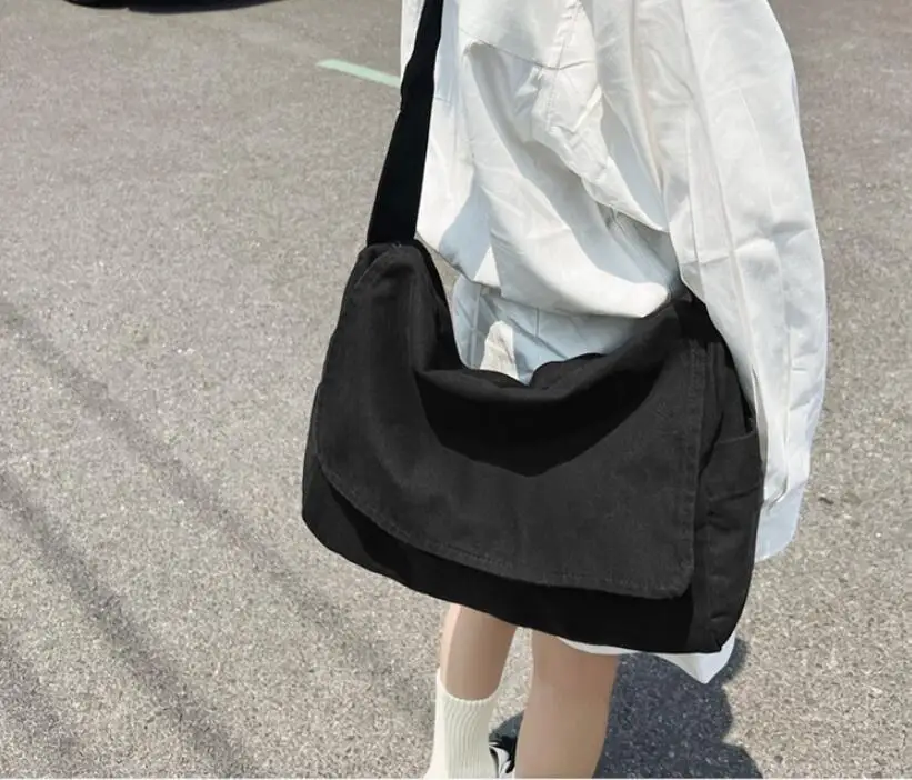 Female Canvas Fabric Hobo Soft Slouchy Shoulder Bag Y2K Student Leisure Medium Size School Book Laptop Pouch Messenger Side bags