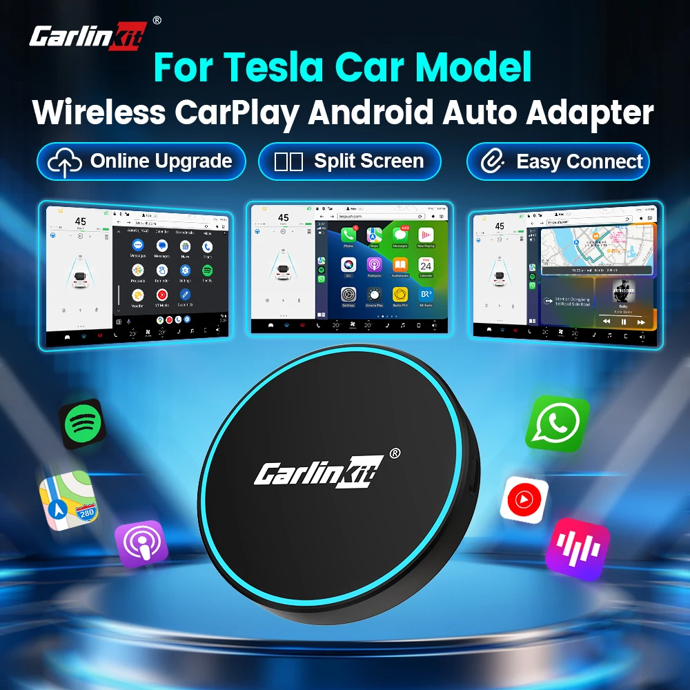 New CarlinKit T2C-SE Wireless Android Auto & CarPlay Aapter For Tesla Model 3 Model Y Easy Connect Waze Spotify Split Screen OTA