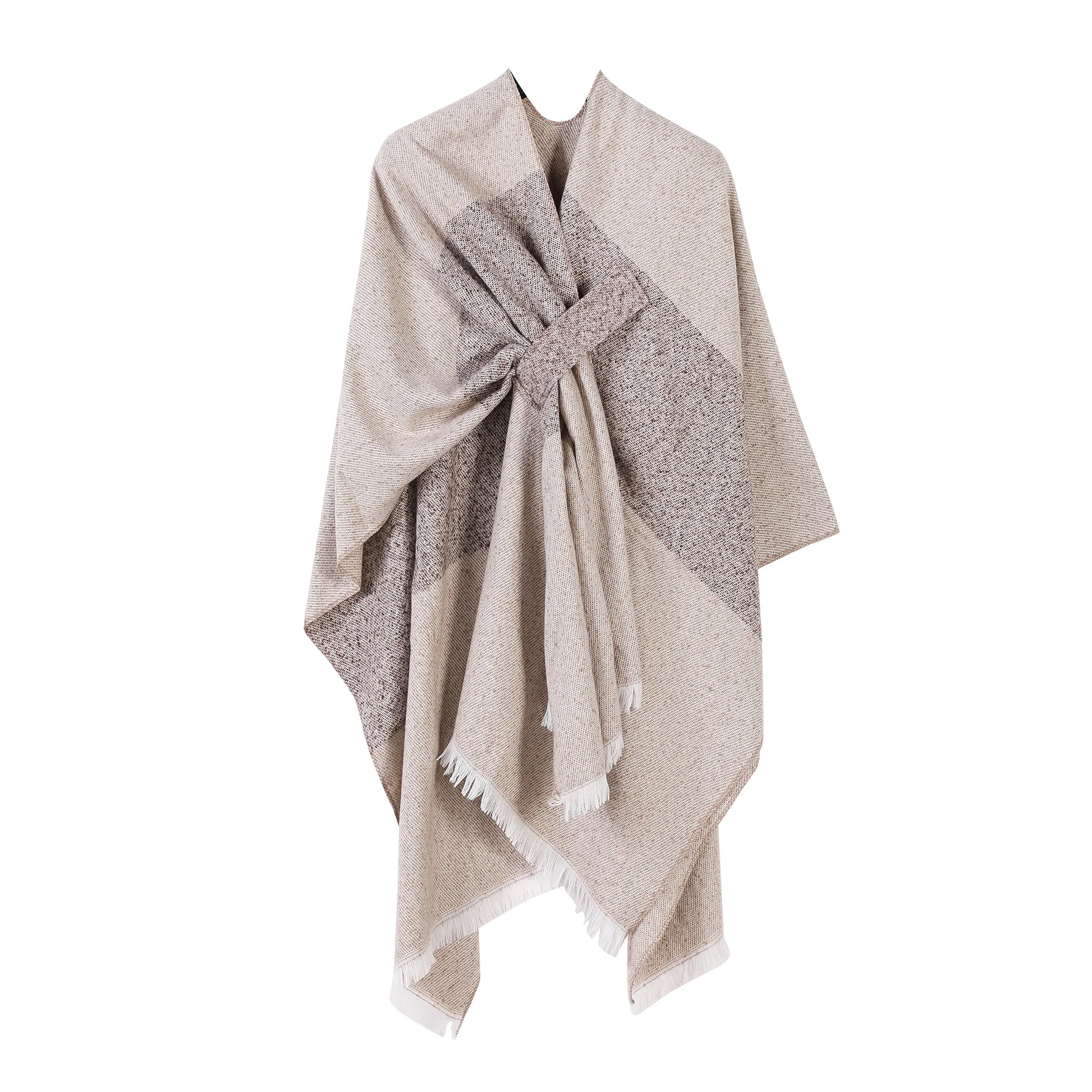 Women's knitted shawl, European and American fashion simple color blocked diagonal strap cape cloak outer outfit Poncho
