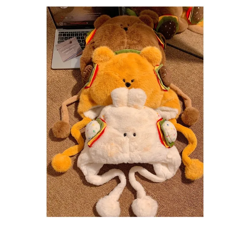 الخريف الشتاء تأثيري لطيف همبرغر الدب أفخم قبعة يندبروف بونيه الكرتون قبعة دافئة للنساء الفتيات كرنفال هدايا الحفلات