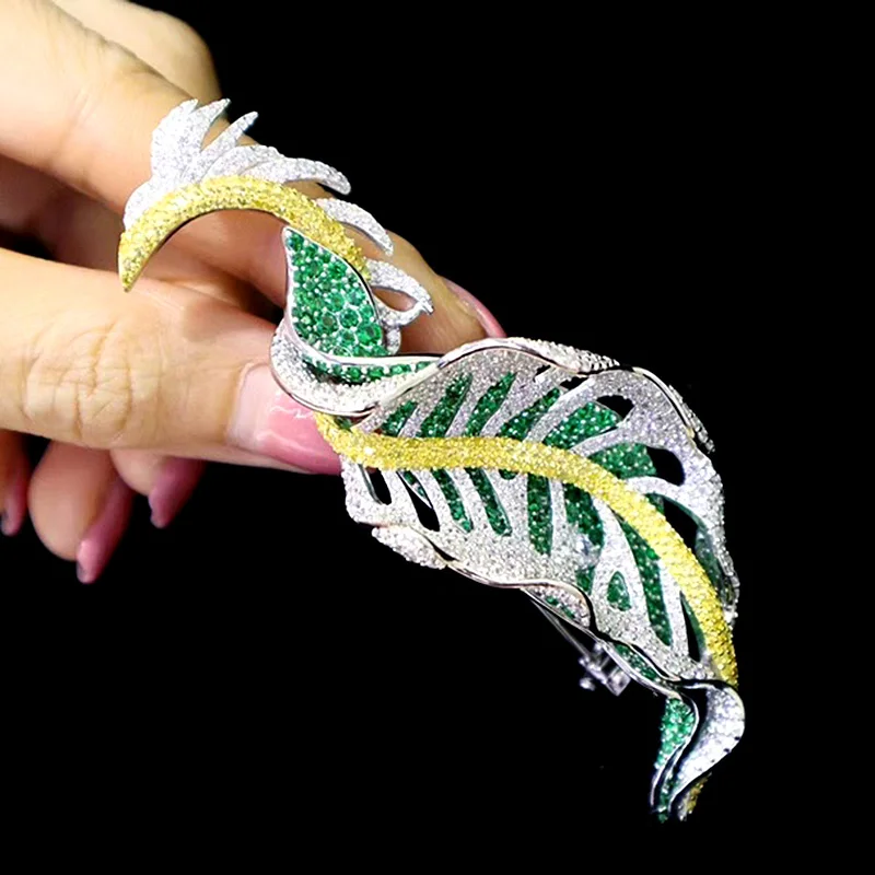 ZOCA Real 100% S925 Sterling Silver Green Zircon Diamond Feather Leaf Brooches for Women Gift Party Wedding Fine Jewelry