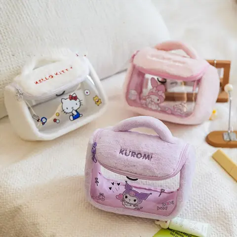 Bonito sanrio olá kitty saco de maquiagem figura dos desenhos animados melodia kuromi viagem portátil saco de armazenamento de cosméticos presentes de pelúcia meninas