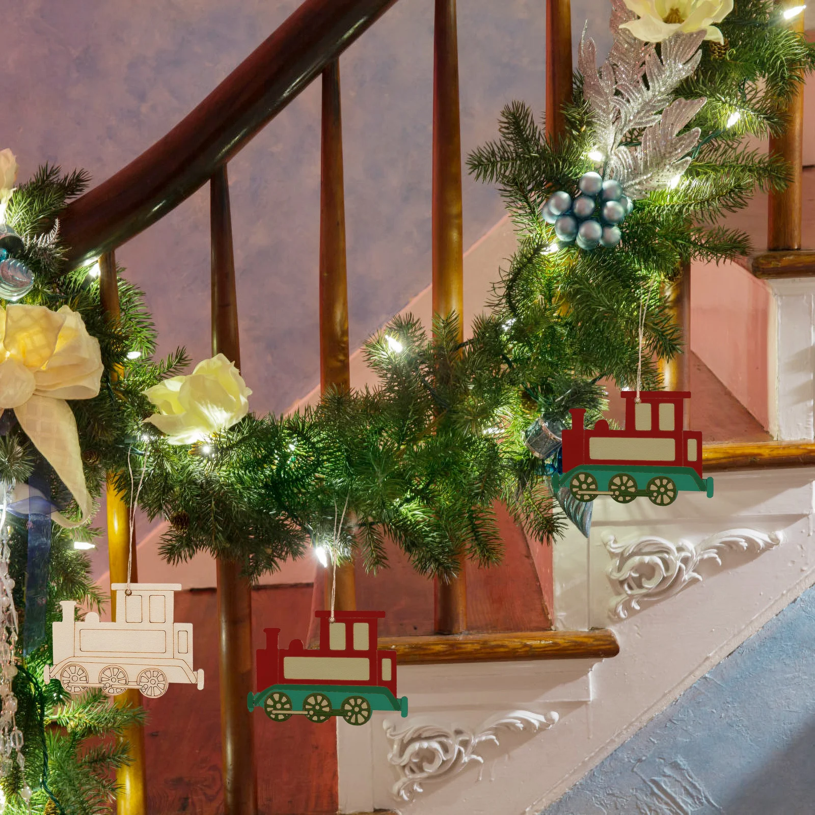 

20pcs Wooden Train Ornament Diy Christmas Decor Unfinished Locomotive Cutouts Rustic Wood Hanging Pendant Party Favors Xmas Tree