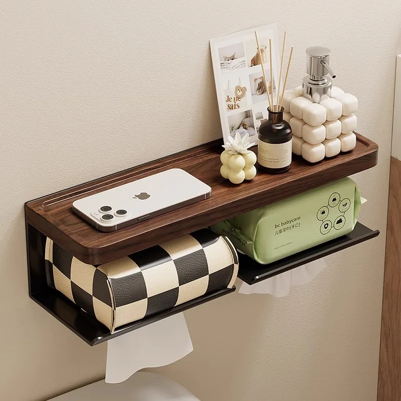Wall Mount Toilet Paper Holder Storage Shelf Solid Walnut Wood Tissue Box Roll Dispenser No Drill Adhesive Or Screw Bathroom