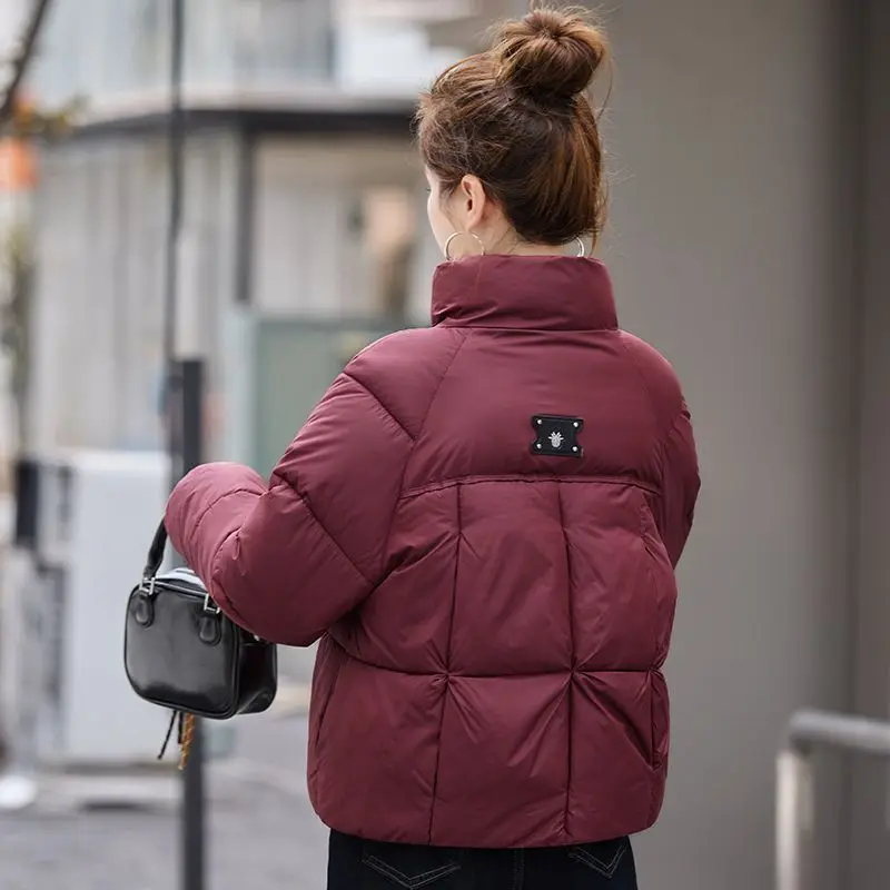 سترة قطن حمراء للنساء شتاء قصير 2025 نمط جديد مزاجه عصري صغير الوقوف طوق سترة قطنية سميكة دافئة