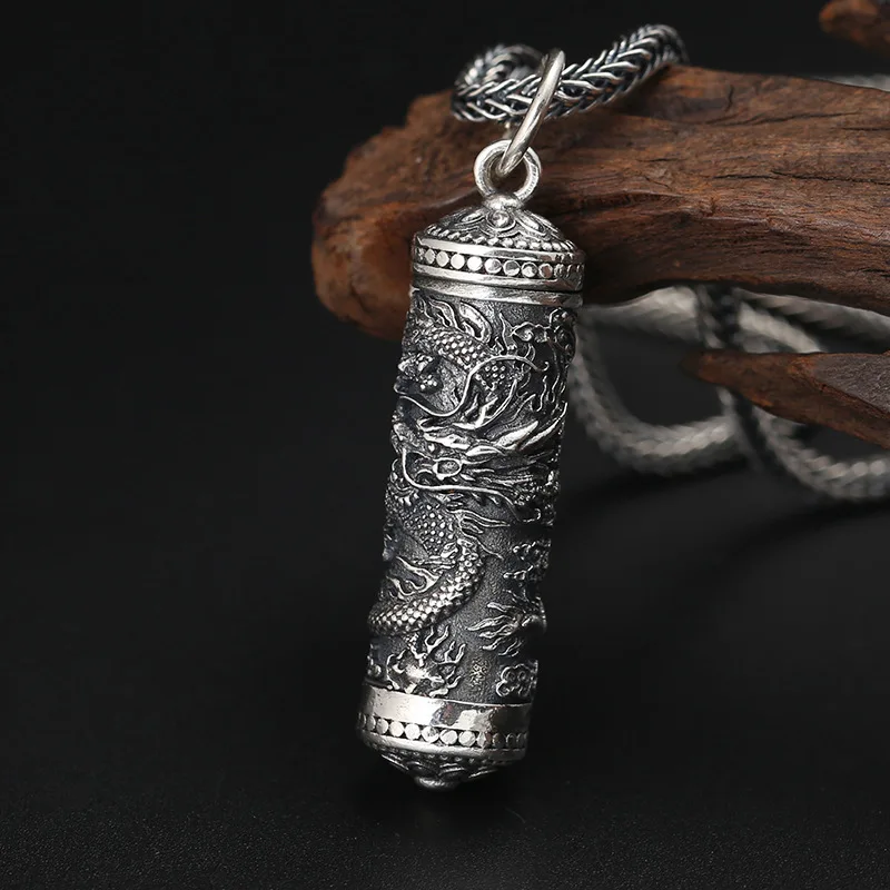 S925 Sterling Silver Dragon Pendant Black Color Old Process Unisex Openable Cylindrical Urn Fine Jewelry FYNE410