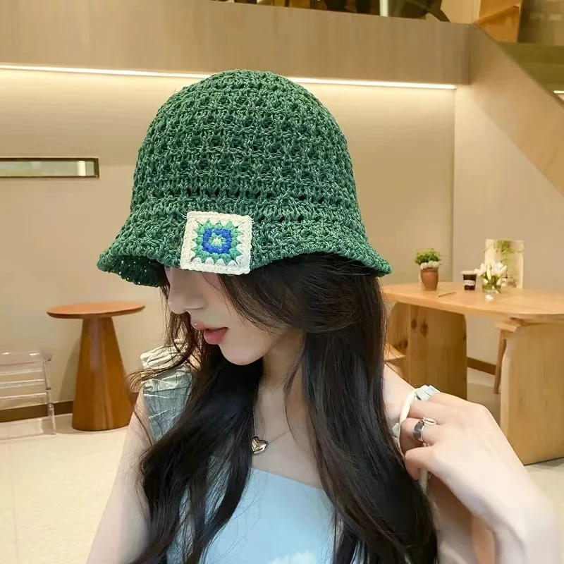 Knitted Floral Bucket Hats For Women Spring Summer Travel Sunshade Hat Female Crochet Fishermen Cap Outdoor Basin Cap Gorros